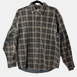 True Grit Soft‎ Corduroy Shirt Mens M Brown Green Plaid Cotton Pocket Wide Wale